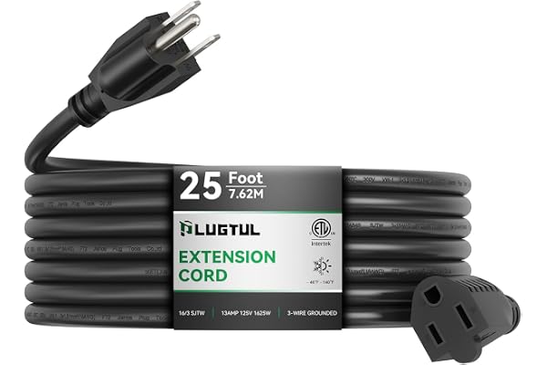 PLUGTUL Outdoor Extension Cord 25 FT Waterproof, 16/3 Gauge Black Heavy Duty 3 Prong Extension Cord, 13A 1625W SJTW, ETL List