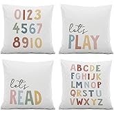 ISANOU Nursery Decorative Pillow Covers,Let's Play Read Alphabet Throw Pillow Covers Decor for Kids Room Playroom Classroom Reading Room,18x18 Inch Pillowcase Set of 4