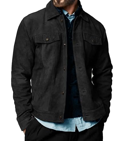 Trucker Jacket - Mens Black Genuine Suede Leather Bomber Jacket, X