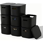 ORGIDOL 8 Pack Black Storage Bins with Lids Stackable Storage Container for Organizing, Black Storage Boxes with Handle for Shelves, Cute Organizer Bins for Craft, Snacks, 9.85x6.9x5.7 inch