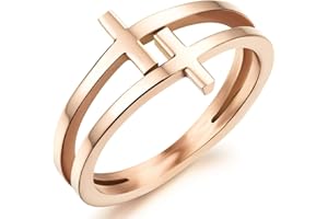 Womens Elegant 18K Rose Gold Stainless Steel Double Cross Ring Christian Fashion Wedding Engagement Band