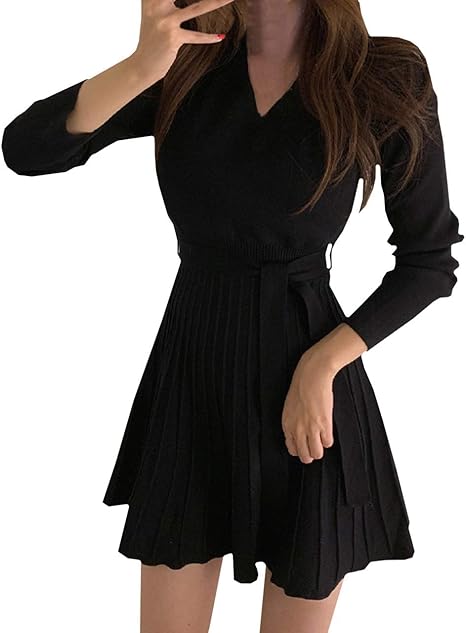 Amazon ココアンドユカ フレア スカート カシュクール ニット ミニ ワンピース 長袖 セクシー Vネック タイト かわいい ワンピ レディース リボン オフショルダー ブラック M ワンピース チュニック 通販