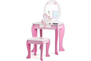 AKUSTIK Kids Vanity, 2 in 1 Princess Wooden Table and Chair Set for Toddlers with Detachable Unicorn Mirror, Stool, Storage Drawer, Pretend Beauty Make Up Dressing Play Set for Girls Age 4-9