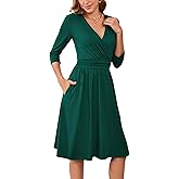 Women's Casual Dresses Vintage Wrap V-Neck 3/4 Sleeve Fit and Flare Midi Dress