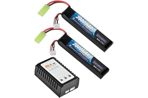 BESWON 2 Packs 11.1V Airsoft Battery 2000mAh 30C Rechargeable Lipo Battery Pack with 2S-3S Balance Charger for Airsoft Guns Rifle