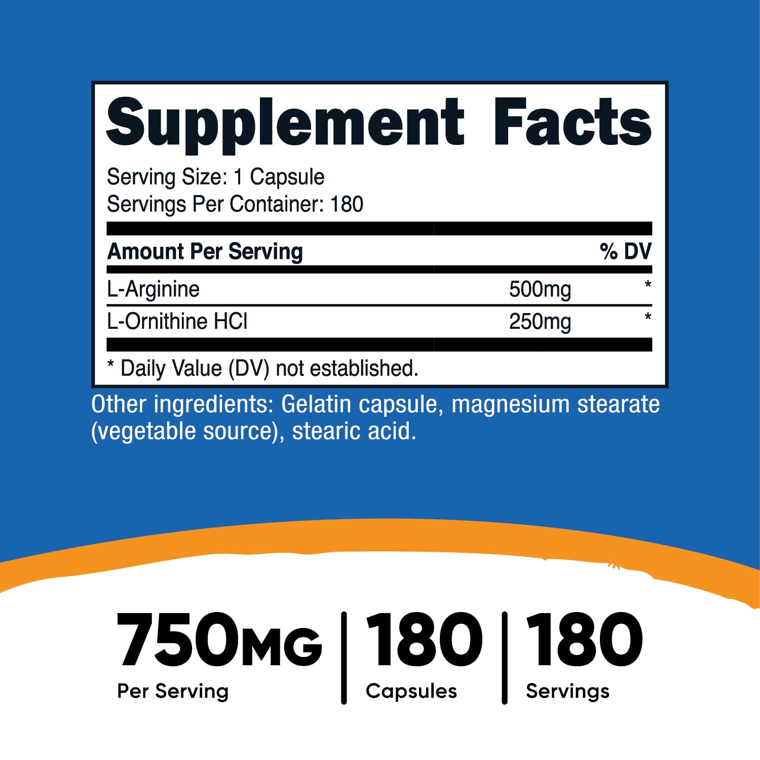 Nutricost L-Arginine L-Ornithine 750mg; 180 Capsules