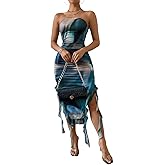 LIGHT DOT Women's Summer Midi Bodycon Tube Dress Strapless Tassel Slit Tie Dye Mesh Ruched Cocktail Dress