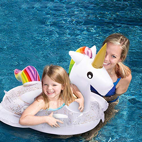 WISHTIME Unicorn Pool Float Toys - 2019 Summer Baby Inflatable Unicorn Pool Float with Glitters Infant Swimming Ring Boat for 6-36M