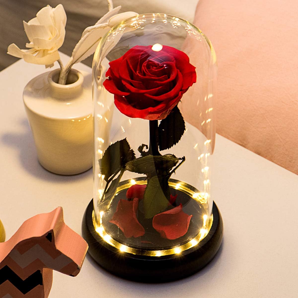 Yamonic Beauty and The Beast Rose Handmade Preserved Fresh Rose Eternal Real Rose in Glass Dome Romantic Gifts Home Decor for Valentine Mother's Day Wedding Party Anniversary