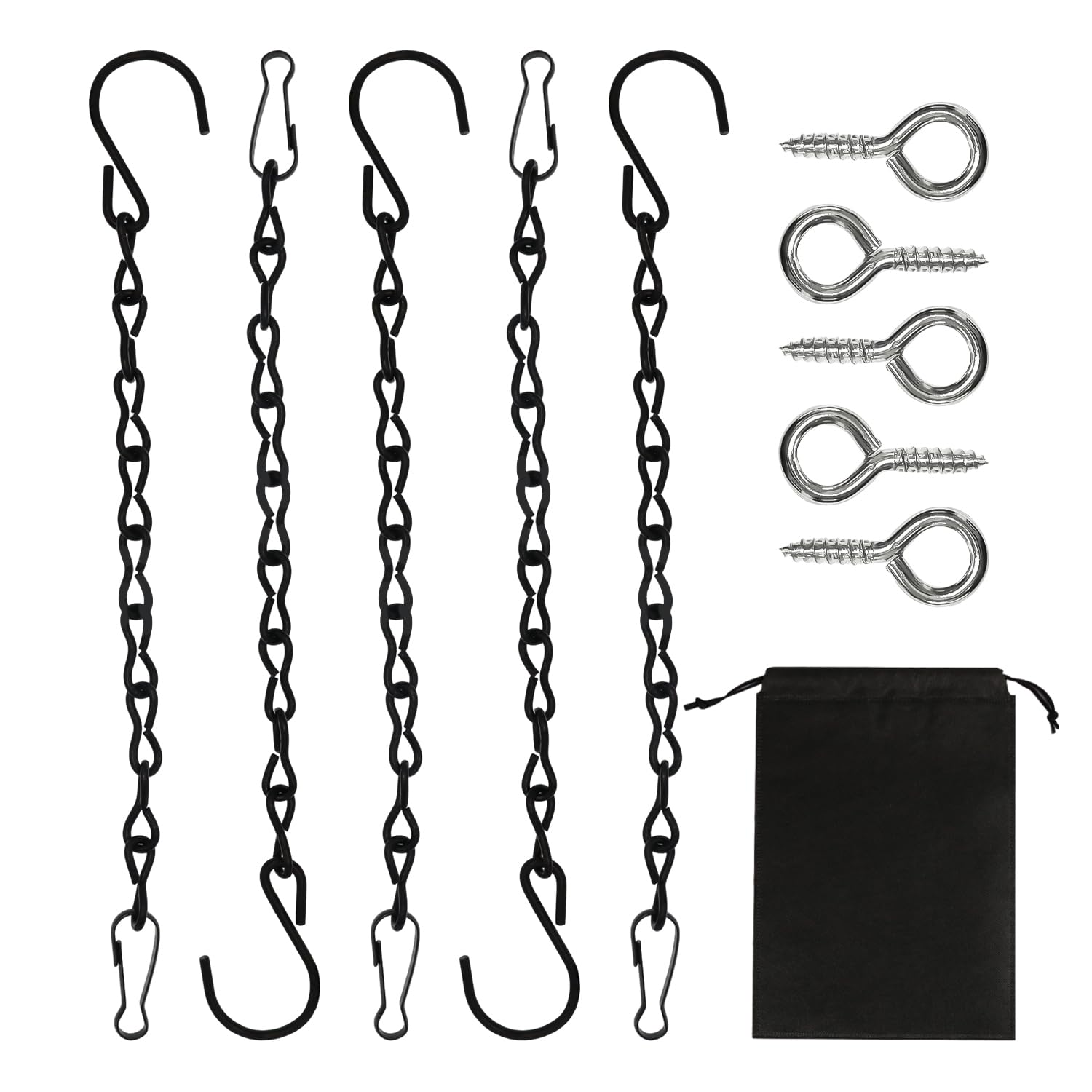 OAAO 5 Pieces of Black Steel Chains with 5 Pieces of Screw Hooks, 1 Piece of Black Non-Woven Bag, Hanging Bird Feeder with S Hook and Carabiner, Metal Chain Hook, Flower Pot Chain