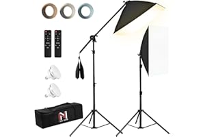 NiceVeedi 85W Photography Lighting, 2-Pack 20'' x 28'' Professional Softbox Lighting Kit with 42'' Boom Arm & 80'' Tripod Stand, Remote Control, Studio Lights for Live Streaming/Portrait/Photography