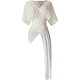 OYOANGLE Women's Textured Short Sleeve Asymmetrical Hem Tunic Blouse V Neck Tie Back Trendy Top