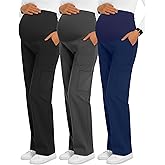 Sweetyweee 3 Pack Women's Maternity Scrub Pants 6 Pockets Cargo Pants Stretchy Comfy Workwear Straight Leg Pregnancy Pants