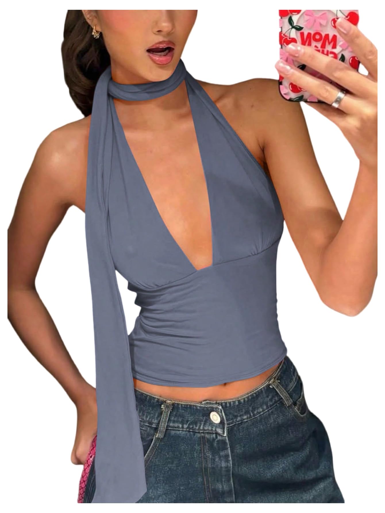 Photo 1 of SOLY HUX Sexy Tops for Women Going Out Halter Scarf Crop Top Deep V Sleeveless Backless Vest Party Clubwear Plain Dusty Blue Medium