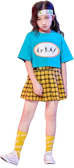 Amazon キッズダンス衣装 ガールズ アガール 衣装 セットアップ キッズ ダンス 衣装 トップス チェックスカート キッズダンス 派手 韓国風 かっこいい 女の子 Hiphop Jazz オシャレゆったり チーム お揃い 発表会 スカートだけ 110 キッズコスチューム 服