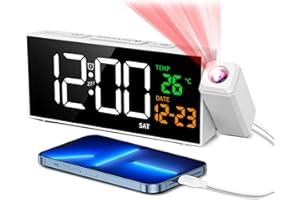 Netzu Projection Clock for Bedroom Ceiling, Alarm Clocks with 180° Rotatable Projector, Date Temperature and Weekday, Manual DST, 5 Brightness, 10 Ringtones White