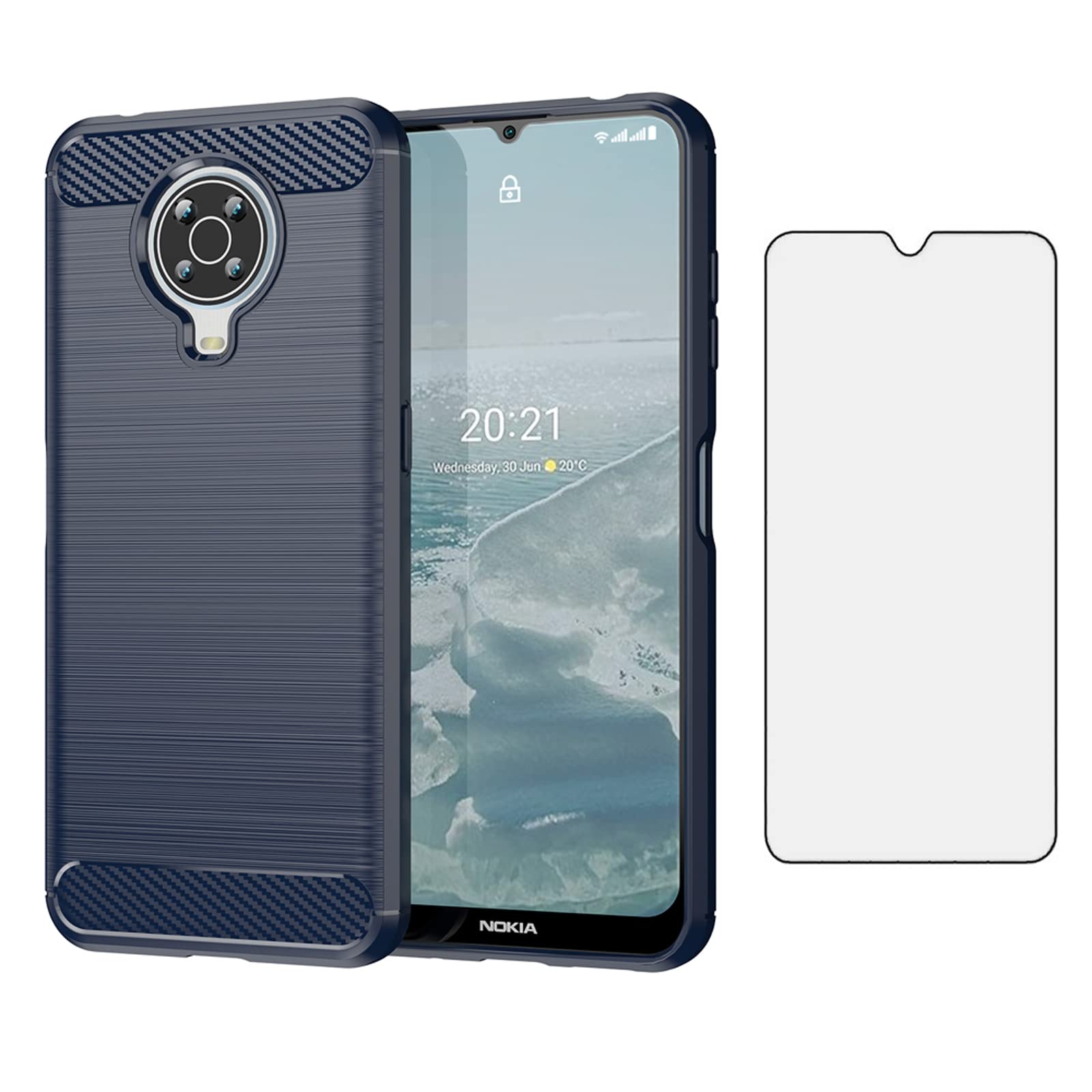 Asuwish Phone Case for Nokia G10/G20/6.3 and Tempered Glass Screen Protector with Cell Accessories Shockproof Soft Slim Silicone Carbon Fiber NokiaG10 NokiaG20 Android 11 TA-1334 Women Men Blue