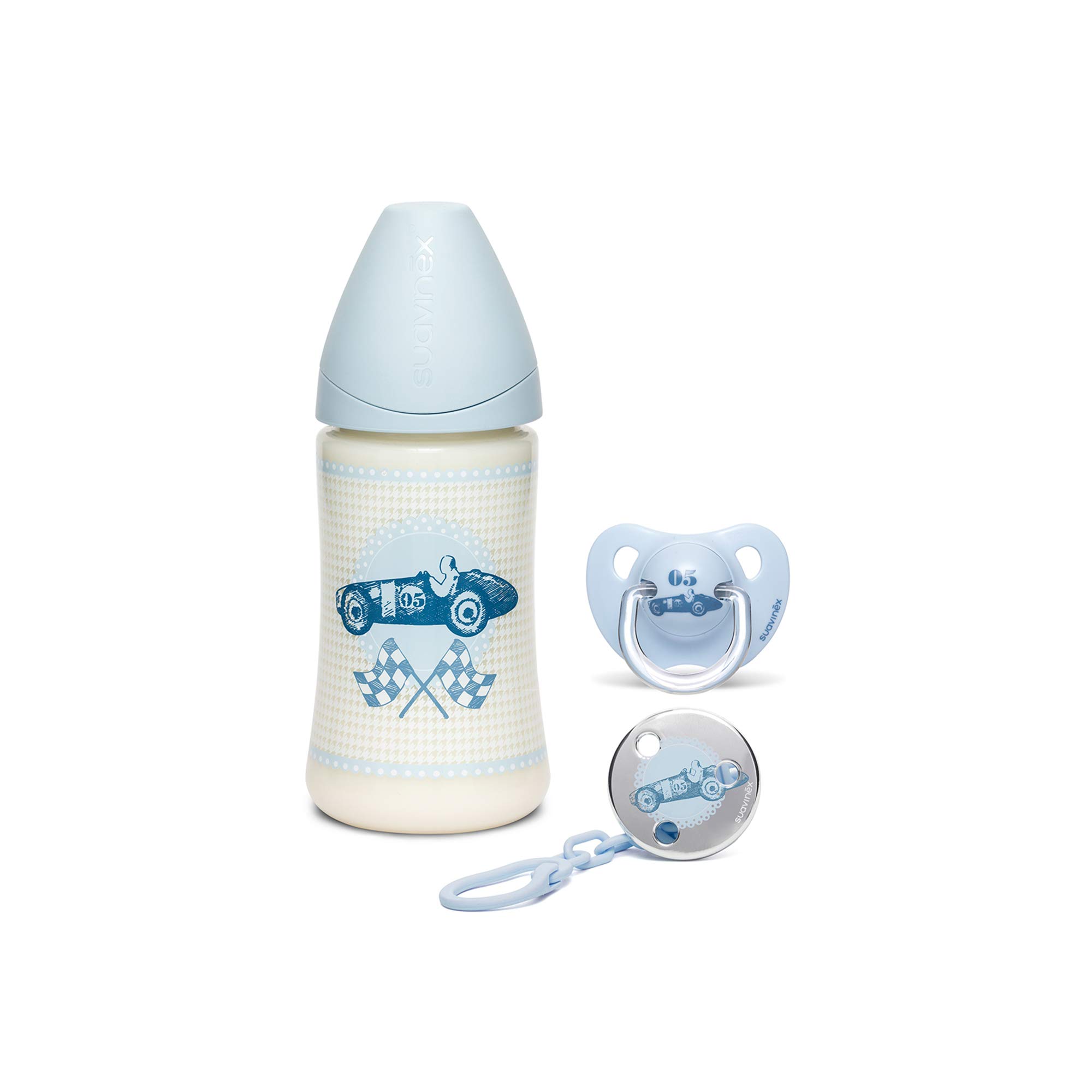 Suavinex - 304400 – Toys Bib Set 270 ml + Dummy 0/6 m + Clip – Blue