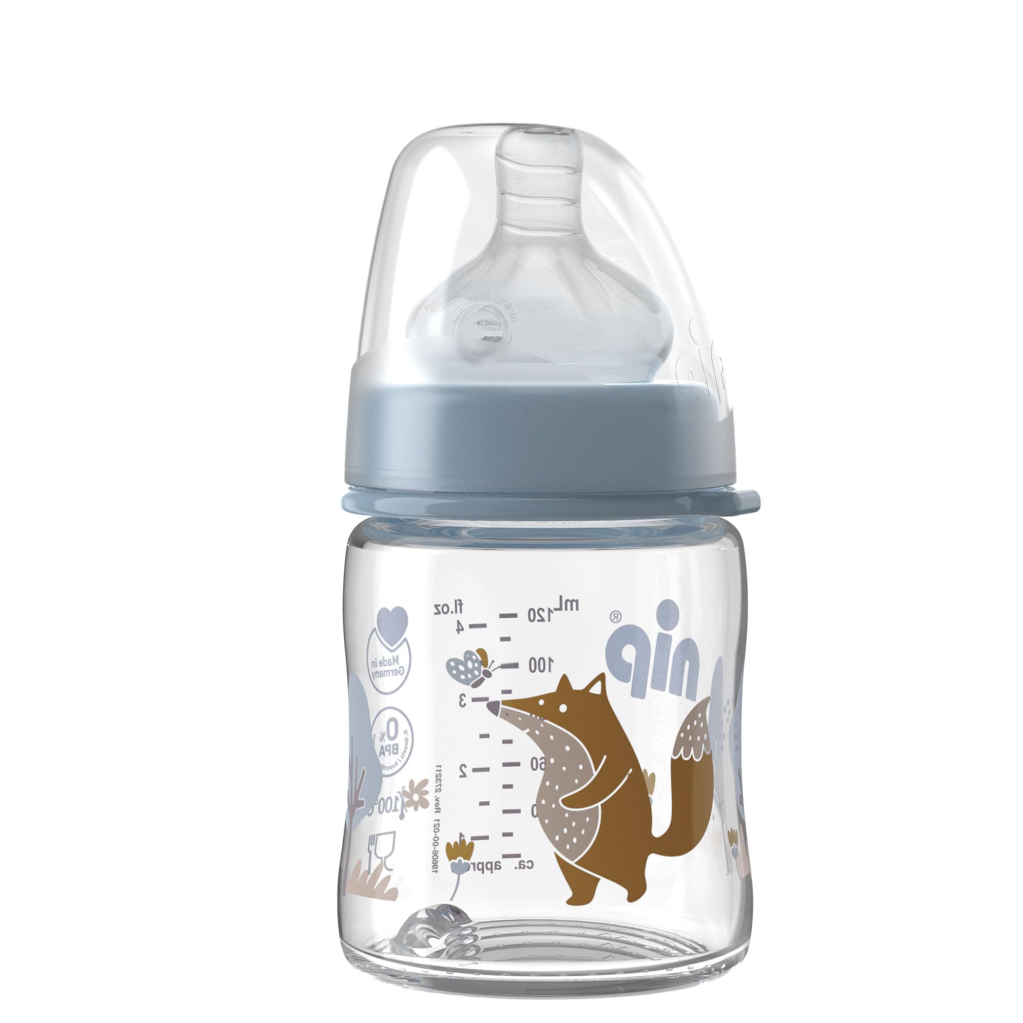 nip 35065 Wide-Neck Glass Baby Bottle with Silicone Teat, Group 0+ Milk, 120 ml