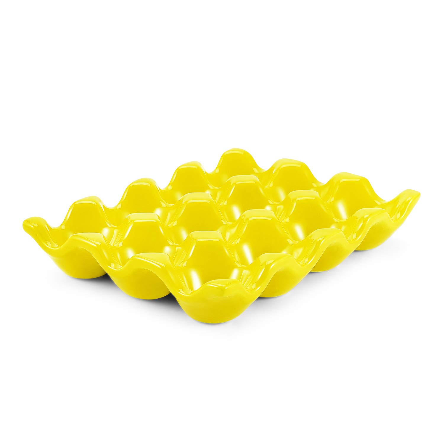 Flexzion Ceramic Egg Holder for Fridge - 12 Cups Egg Tray Whole Dozen Porcelain Container Keeper Storage Organizer Decorative Serving Stand Serveware for Countertop Display Kitchen (Yellow)
