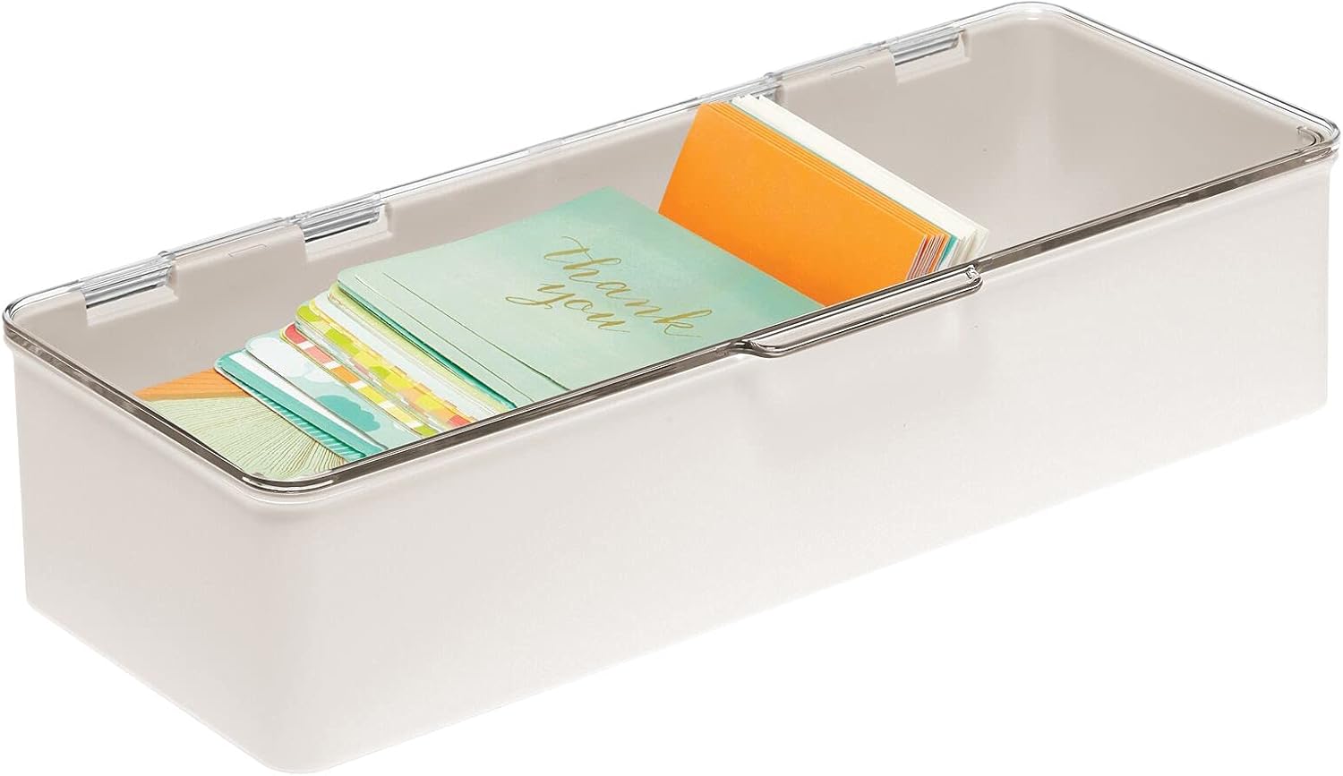 mDesign Plastic Stackable Box Home, Office Supplies Storage Organizer Box with Attached Hinged Lid - Holder for Note Pads, Gel Pens, Staples, Dry Erase Markers, Tape - 2 Pack - Cream/Clear : Office Products