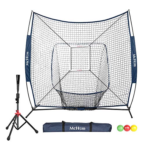 McHom 7' x 7' Baseball & Softball Net Set with Travel Tee, 3 Weighted Balls, Strike Zone & Carry Bag for Hitting & Pitching Practice, Collapsible and Portable