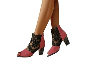 DHEVA-C Chunky Heeled Sandals for Women Block Dress Sexy Hollow Floral Lace Shoes Summer Women's Open Toe Low Heeled Party Sandals (1-Wine, 7.5)