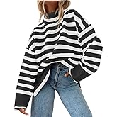 AGSEEM Fall Sweaters for Women Pullover Long Sleeve Turtleneck Striped Cable Knit Side Slit Tops Oversized Sweater Trendy