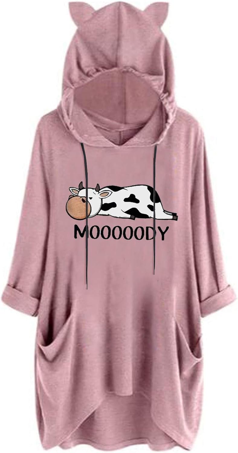 Mooooody Cute Cow Print Hoodies For Women Long Sleeve Pullover with Cat Ears Oversized 