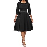 Elainone Women A-line Dress 3/4 Sleeve Wedding Guest Church Semi Formal Casual Dresses Bow-TIE Neck with Pockets