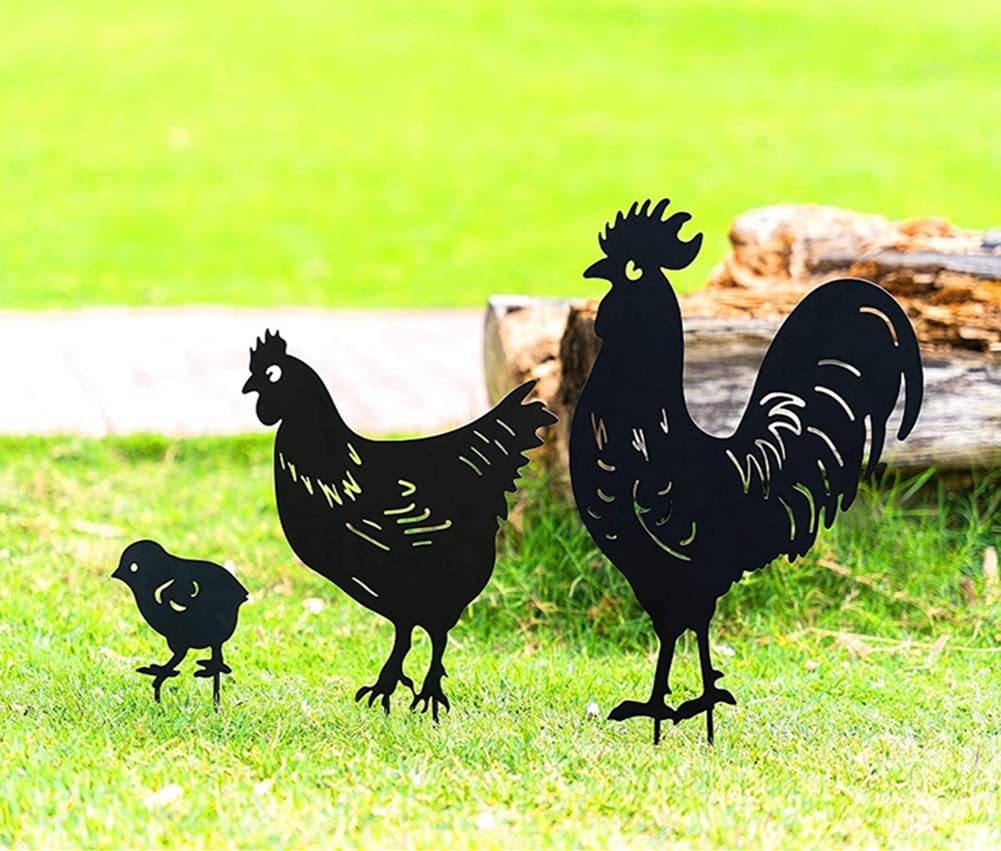 3 Pieces Metal Chicken Garden Metal Stakes, Hollow Garden Animal Ornament, Outdoor Decorative Stake Accessories And Lawn Ornaments - Ornamental Gardening Stakes For Decoration(Chicken family) — image 1