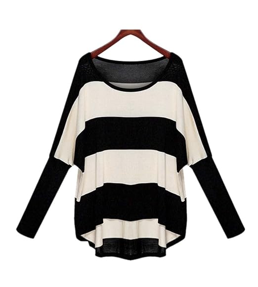 ARJOSA Women's Black-White Stripes Batwing Sleeve Stretchy Pullover Knitwear Jumper (Large /12)