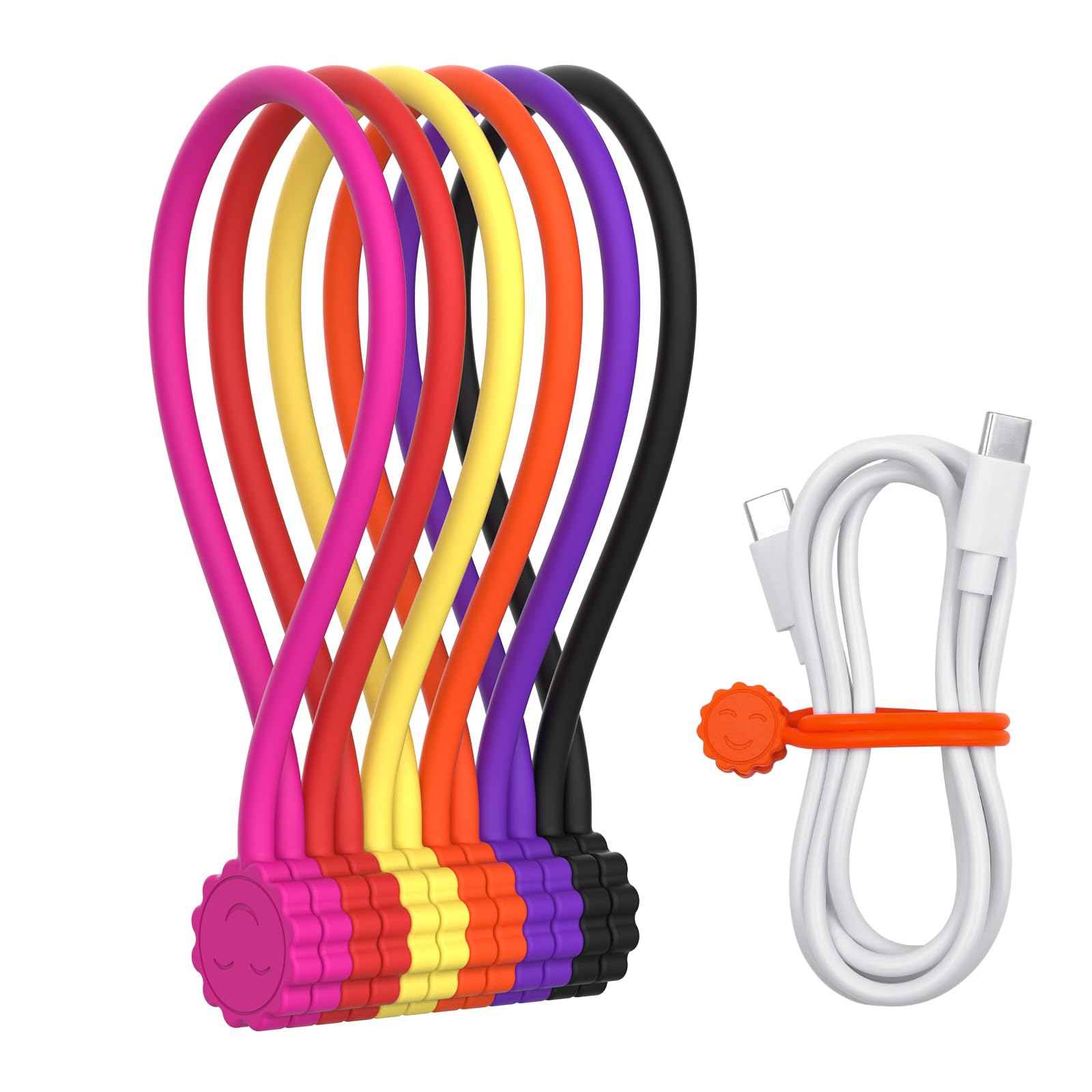 Rich&Ray Reusable Silicone Twist Ties, Magnetic Cable Ties with Strong Magnet for Organizing Cables, Hanging Stuff, Used in Many Ways or Just for Fun (6C - 6pack)