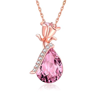 Kingwin Pink Gold Rose Flower Pendant Necklace For Women With Crystal Stone