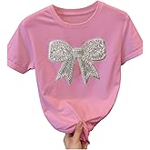 QJQ Women's Beaded Sequin Bowknot Bow Tees Short Sleeve Crewneck Tshirts Casual Summer Trendy Y2k Tops 2026
