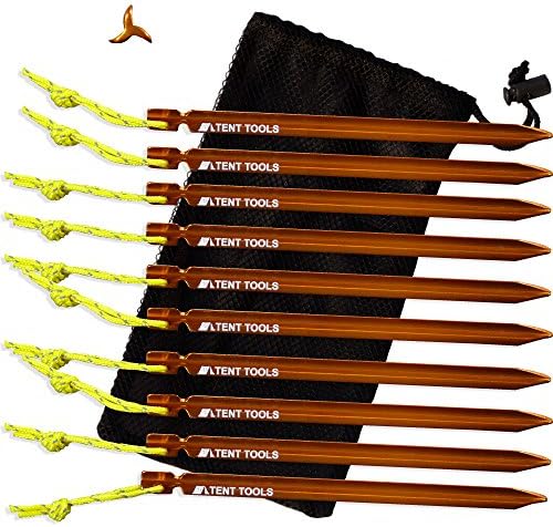 Tent Stakes &amp; Bag by Tent Tools | Our Aluminum Camping Stakes for Tents are Curved for Added Strength - 0.5 oz - Reflective Rope - 100% Lifetime (Orange, 10 Stakes)