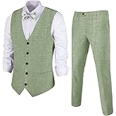 Tiefony Men's Linen 2 Piece Suit Slim Fit Wedding Groomsmen Tuxedos Summer Beach Prom Vest Pants Set
