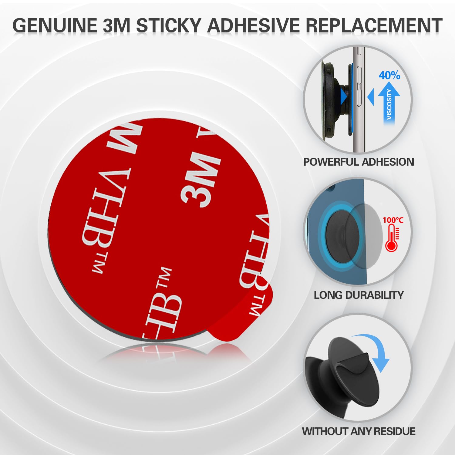 9 Pack Sticky Adhesive Replacement for Socket Mount Base, pop-tech VHB 3M Sticker Pads for Phone Collapsible Grip & Stand Back - 9pcs 35mm Double Sided Tapes & 4pcs Cleaning Prep Wipes