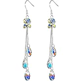 925 Sterling Silver Austrian Crystal Dangle Earrings, Modern Tassel Chain Drop, 2.96 Inch Length, Everyday Elegant Style