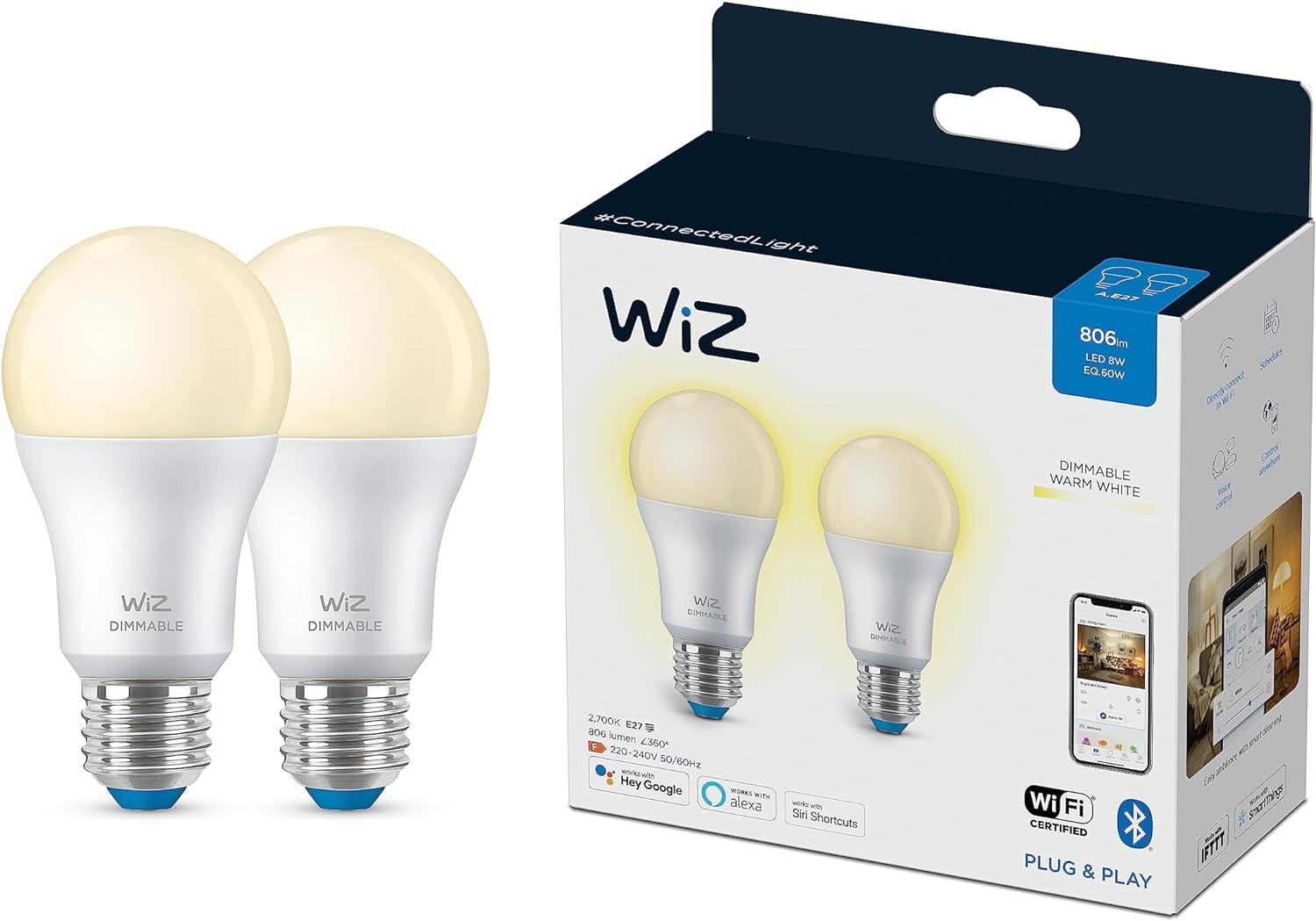 WiZ Smart Bulb, Dimmable White [E27 Edison Screw] 60W, Smart LED Connected WiFi Works with Alexa, Google Assistant & HomeKit, App Control for Home Indoor Lighting, Livingroom, Bedroom. 2Pack