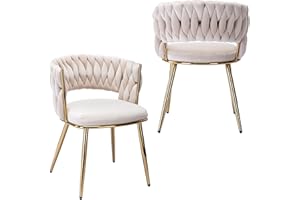 KCC Modern Velvet Dining Chairs Set of 2, Upholstered Living Room Chair with Woven Back and Golden Metal Legs, Mid-Century Accent Side Chair for Living Dining Room, Kitchen, Beige
