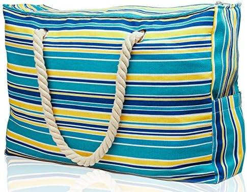 Beach Bag Large w/ 100% Waterproof Phone Case, Top Zipper, Cotton Rope Handles, Extra Outside Pocket. Turquoise Stripe Canvas Shoulder Beach Tote has Built-In Keyholder, Bottle Opener - L22"xH15"xW6"