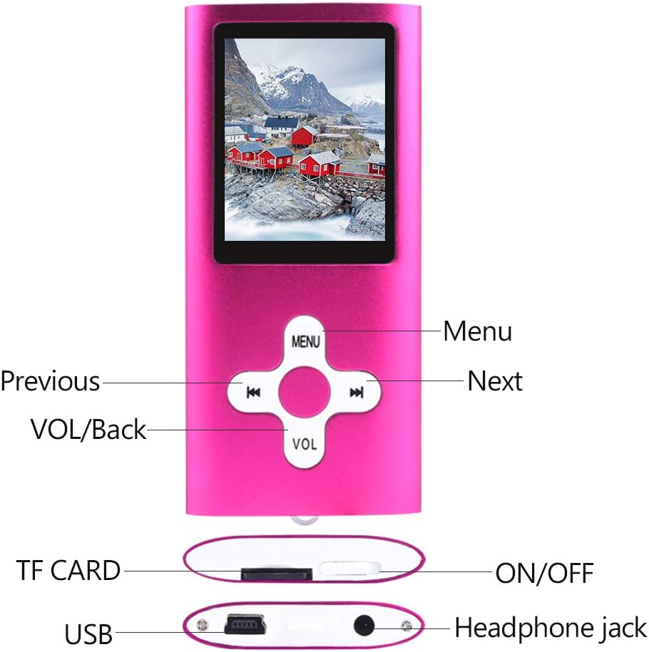Crillutar 16GB MP3 Music Player, Portable MP4 Player, With Micro SD Card Slot up To 64GB - Pink
