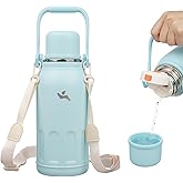Insulated Water Bottle with Handle and Strap,Vacuum Travel Tumbler with Cup Lid,Thermo Coffee Cup for Hot Cold Drinks 40 OZ,Cyan Blue