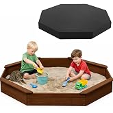 85"x78" Octagon Wooden Sandbox with Waterproof Cover &amp; Liner, Large Outdoor Sandpit with Benches, Fir Wood Sand Box for Kids Backyard Play, Weather-Resistant,Walnut