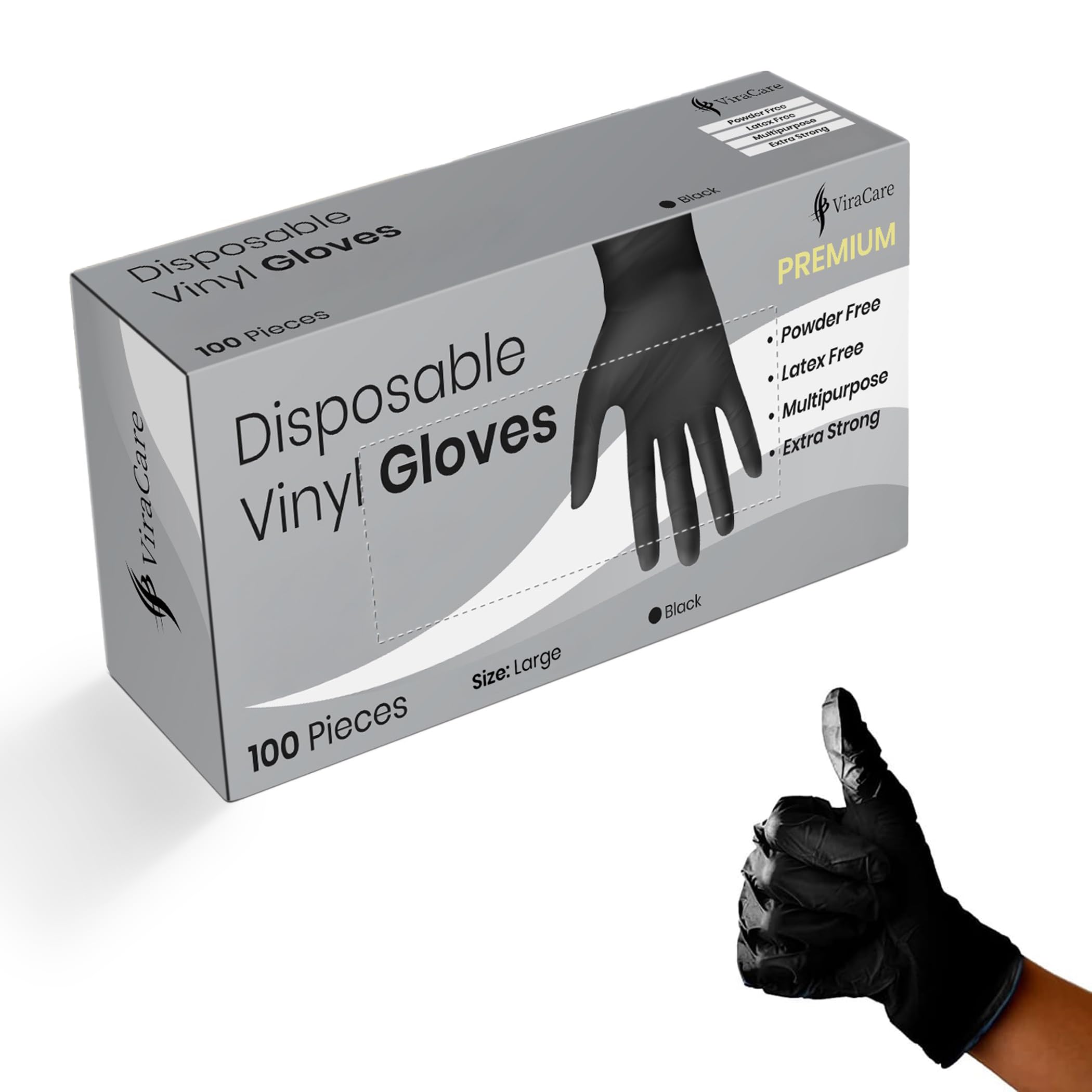100 x Black Premium Disposable Gloves | Double Thickness | Vinyl Gloves Disposable | Latex free Gloves | Powder Free Gloves | Black Gloves Disposable | (Large, 1 Pack of 100)
