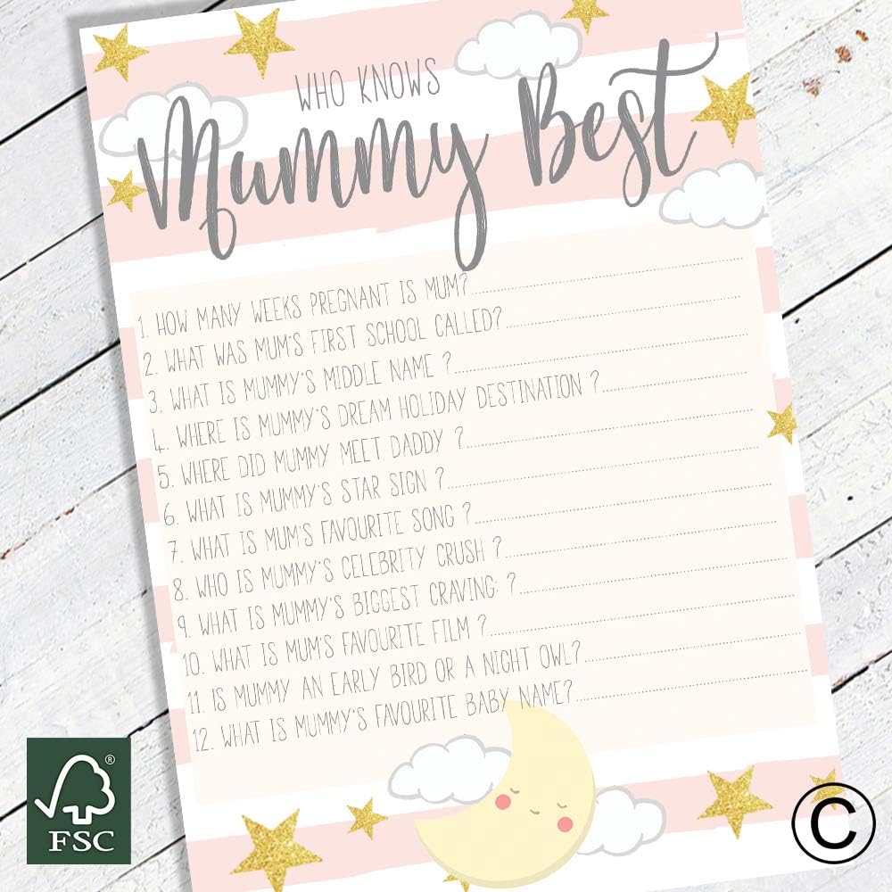 Little Angels Jamboree Baby Shower Game - Who Knows Mummy Best - 10 Sheets Pink Stripe Sleepy Moon Design (BSPMWKMB10)