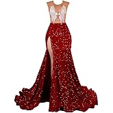 Datangep Sexy Red Sequins Applique Mermaid Evening Dress High Split Prom Dress Celebrity Pageant Gown Church Train