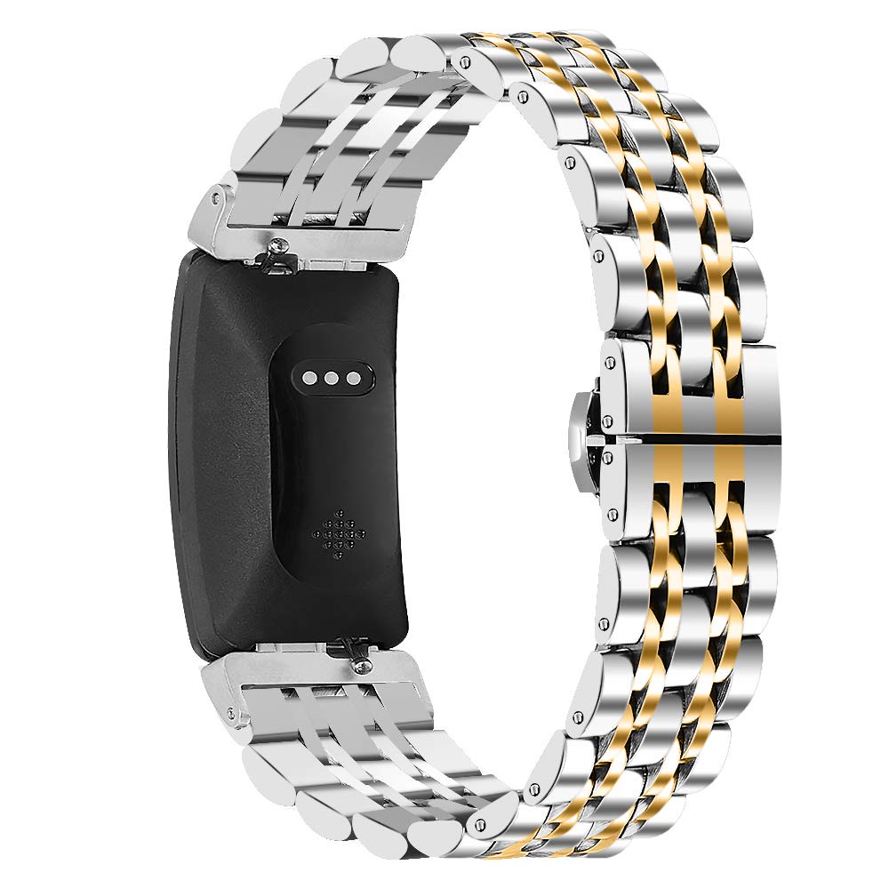 Ginamart Compatible with Fitbit Inspire 2/Inspire HR Strap, Women Men Metal Stainless Steel Replacement Watch Strap Accessory Wristband for Fitbit Inspire (Silver+Gold)