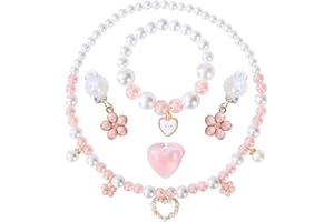 BAOBAOJOY Princess Jewelry for Little Girls, 5 Piece Pearl Kids Jewelry Set, Stretch Necklace Bracelets Rings and Clip on Earrings, Perfect for Dress Up, Birthday Parties, and Costume Play